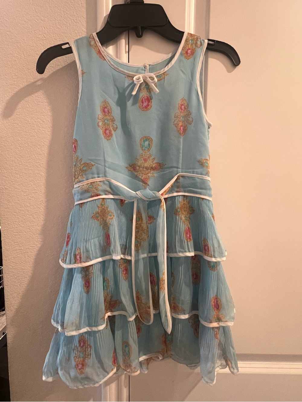 Light Blue Tiered Chiffon Kids Dress with Ribbon Waist